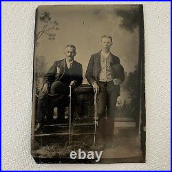 Antique Tintype Photograph Handsome Young Man Men Matching Hat Cane Gay Int