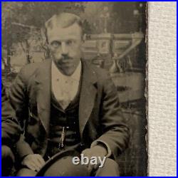 Antique Tintype Photograph Handsome Young Man Men Pipe Suspenders Hat