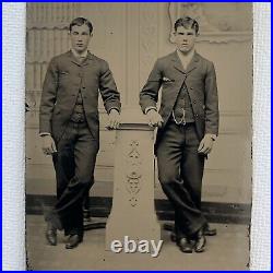 Antique Tintype Photograph Handsome Young Man Men Suit Posing Stand Gay Int