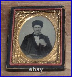 Antique Tintype Photograph Man In Cossack Hat Male Portrait Ambrotype Gold Foil