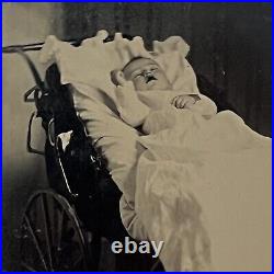 Antique Tintype Photograph Post Mortem Baby in Stroller Momento Mori Morbid Odd