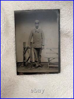 Antique Tintype Studio Photograph Postal Man Mail Carrier Train Conductor Cap