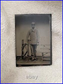 Antique Tintype Studio Photograph Postal Man Mail Carrier Train Conductor Cap