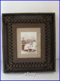 Antique Tramp Art Crown of Thorns Frame with Photo of Children 17 x 19