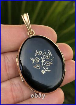 Antique Victorian 14K Gold & Seed Pearls Mourning Enamel Photo Locket Pendant