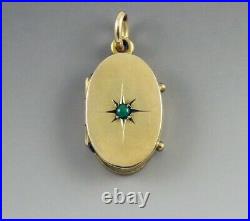 Antique Victorian 14K Yellow Gold Turquoise Bead Photo Locket Necklace Pendant