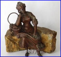 Antique Victorian Bronze Lady Figurine at Seated whit Basked