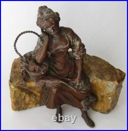 Antique Victorian Bronze Lady Figurine at Seated whit Basked