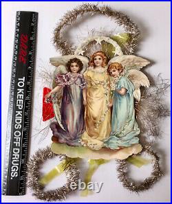 Antique Victorian Christmas Ornament. Three Angels 12x9.5 Beautiful