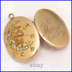 Antique Victorian Crescent Moon Lady High Relief Rose Gold Filled Locket Pendant