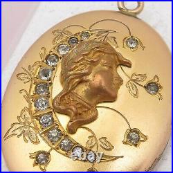 Antique Victorian Crescent Moon Lady High Relief Rose Gold Filled Locket Pendant
