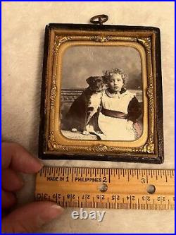 Antique Victorian Crisp Clear Framed Photo Of Beautiful Girl And Dog English