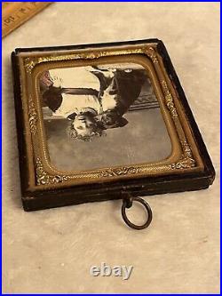 Antique Victorian Crisp Clear Framed Photo Of Beautiful Girl And Dog English