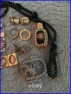 Antique Victorian Photo Lockets Rings Earrings Buckles Black Glass Beads Perfume