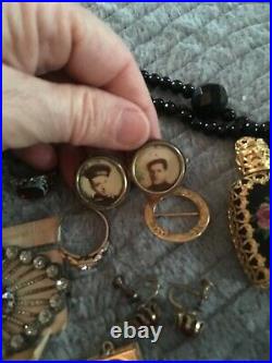 Antique Victorian Photo Lockets Rings Earrings Buckles Black Glass Beads Perfume