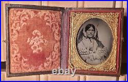 Antique Vintage American Fashion Gold Jewelry Hairstyle Bonnet Ambrotype Photo