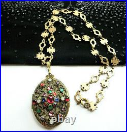 Antique Vintage Bejeweled Rhinestone Locket Pendant Necklace Maltese Cross Chain