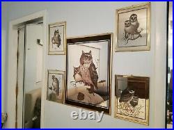 Antique Vintage Brytone Owl Mirror Picture Wall Art Set Mechanical Mirror Work