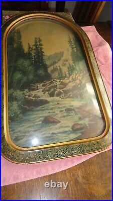 Antique Vintage Oval CONVEX BUBBLE GLASS PICTURE with WOOD FRAME