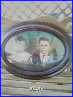 Antique Vintage Oval Tiger Frame Convex Bubble Glass and photo of couple