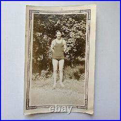 Antique Vintage Snapshot Photograph Handsome Man Bathing Suit Bulge Gay Int 1920