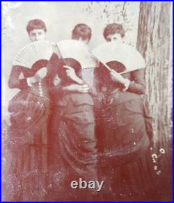 Antique Vintage Victorian Threesome See No Evil American Women Fan Tintype Photo