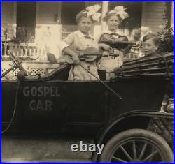 Antique Vtg RPPC Old Gospel Car Young Girls Boy Music Violins Religious Hair Bow