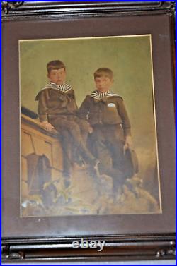 Antique/Vtg hand color Tinted Photograph Young boys in Navy uniform 8X10