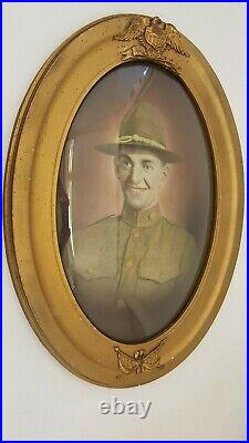 Antique Ww1 Hand Colored Photo Smiling Soldier In Gold USA Frame Bubble Glass