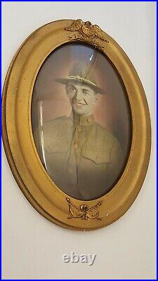 Antique Ww1 Hand Colored Photo Smiling Soldier In Gold USA Frame Bubble Glass