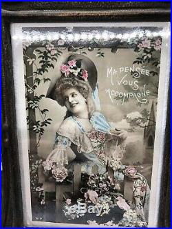 Art Nouveau Photo Frame with French Tinted Postcard Antique Vintage Bronze