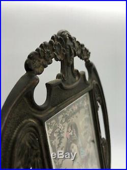Art Nouveau Photo Frame with French Tinted Postcard Antique Vintage Bronze