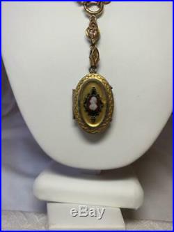 Black Americana Hardstone Cameo Locket Heart Necklace Antique Book Chain c1860