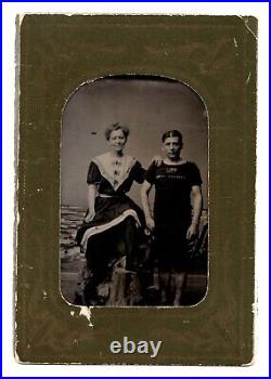 C. 1890s TINTYPE BELLIS RISQUE WOMEN WITH MAN IN SWIMMING SUIT ATLANTIC CITY NJ