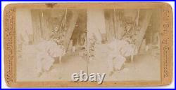 C1900's Rare Real Photo Stereoview of Actors Woman in Swing Man Playing Banjo