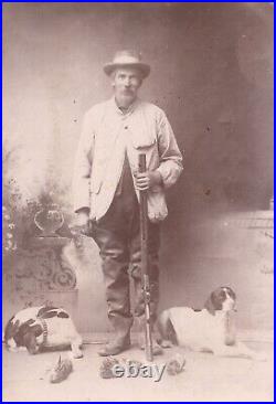 CIRCA 1870s CABINET CARD OLD RABBIT HUNTER HOLDING SHOTGUN WITH DOGS NEW YORK