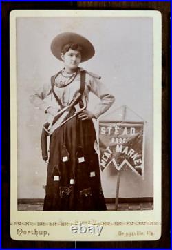 Cowgirl Banner Lady + Meat Market Sign! Great Dress, Antique Advertising Photo