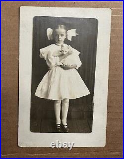 Cute RPPC Photo ID'd Girl Holding White Kitten Or Cat 1910s Antique VTG