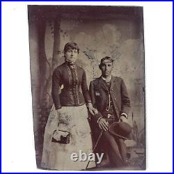 Disabled Man Beautiful Woman Tintype c1870 Antique 1/6 Plate Photo Woman D449