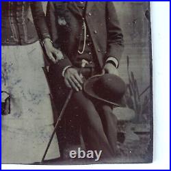 Disabled Man Beautiful Woman Tintype c1870 Antique 1/6 Plate Photo Woman D449