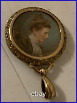 Edwardian Antique Rose Gold Locket With Female Hand Coloured Photograph Portrait