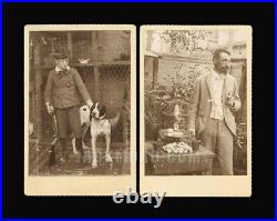 Excellent Antique Photo Lot Father & Son + Dog Turtle Chickens Birds in Birdcage