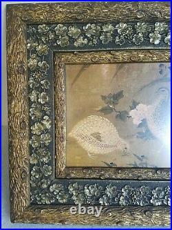 Exceptional vtg antique Victorian picture frame & quail birds print Log & floral