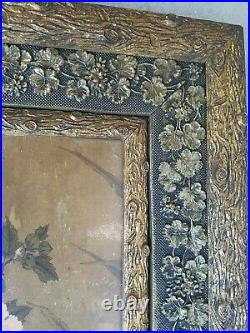 Exceptional vtg antique Victorian picture frame & quail birds print Log & floral