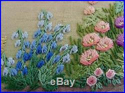 Exquisite Vintage Hand Embroidered Picture Panel Crinoline Lady Cottage Garden