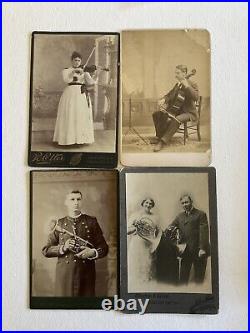 Four ANTIQUE CABINET PHOTOs Of Musicians 1890's, Violin, Horns, Portland Maine