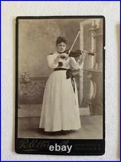 Four ANTIQUE CABINET PHOTOs Of Musicians 1890's, Violin, Horns, Portland Maine