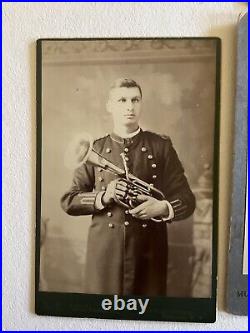 Four ANTIQUE CABINET PHOTOs Of Musicians 1890's, Violin, Horns, Portland Maine