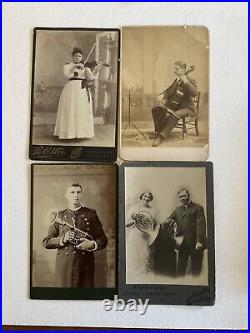 Four ANTIQUE CABINET PHOTOs Of Musicians 1890's, Violin, Horns, Portland Maine