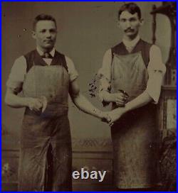 Gay Interest Butcher Holding Hands Antique Tintype Photograph Chopper Tool